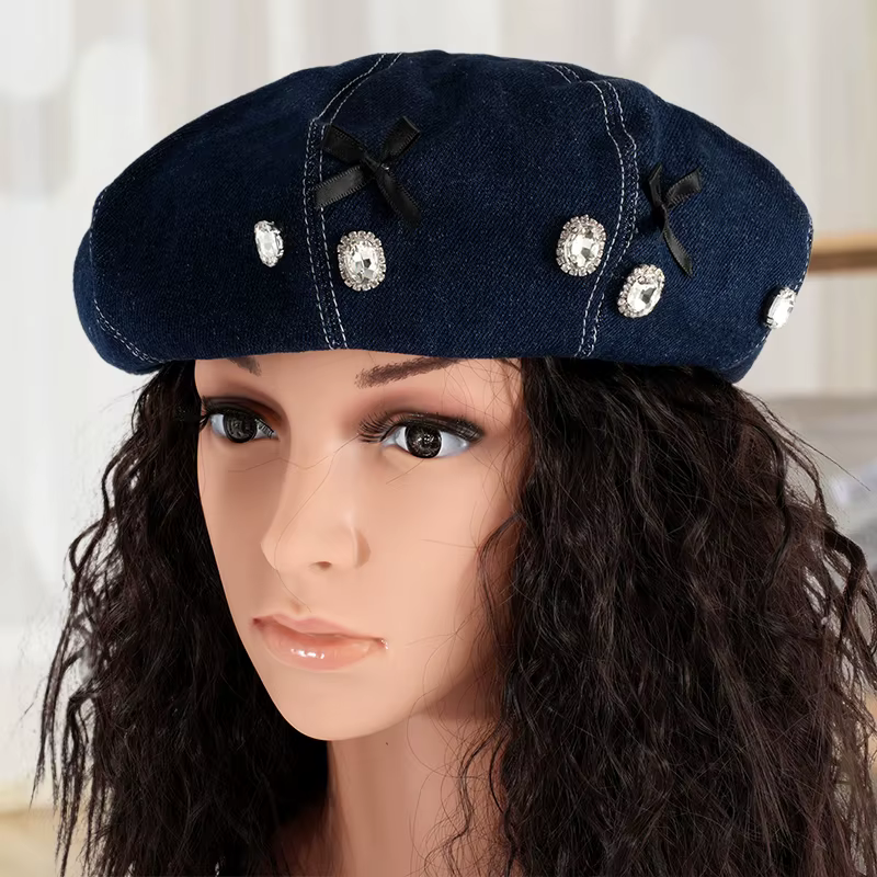 Casual Bows Rhinestones Buttons Denim Artist Fashion Soft Painters Cap