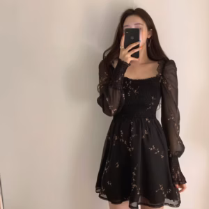 Casual A-LINE Vintage Flower Long Puff Sleeve Print Mini Chiffon Dresses