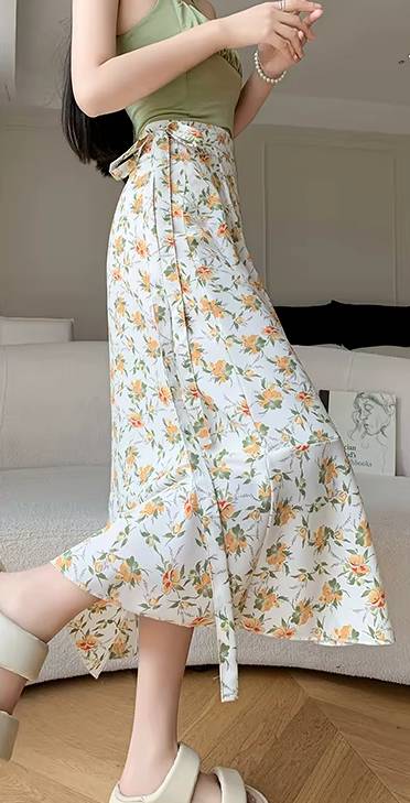 Casual A-Line Floral Print High Waist Beach Office Lady Style Midi Skirt - Image 5