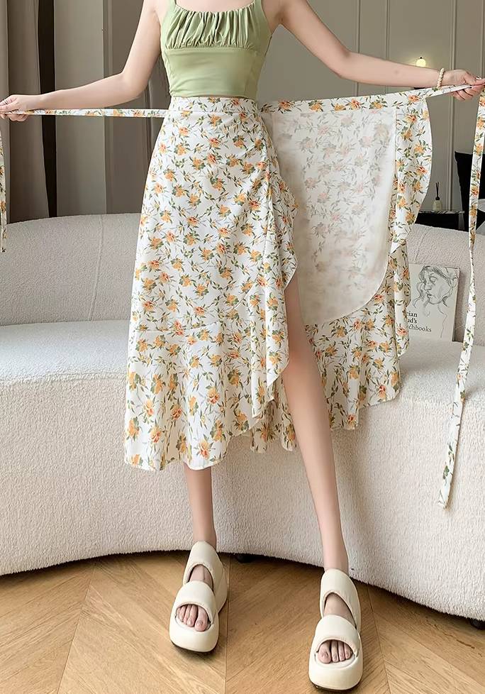 Casual A-Line Floral Print High Waist Beach Office Lady Style Midi Skirt - Image 4