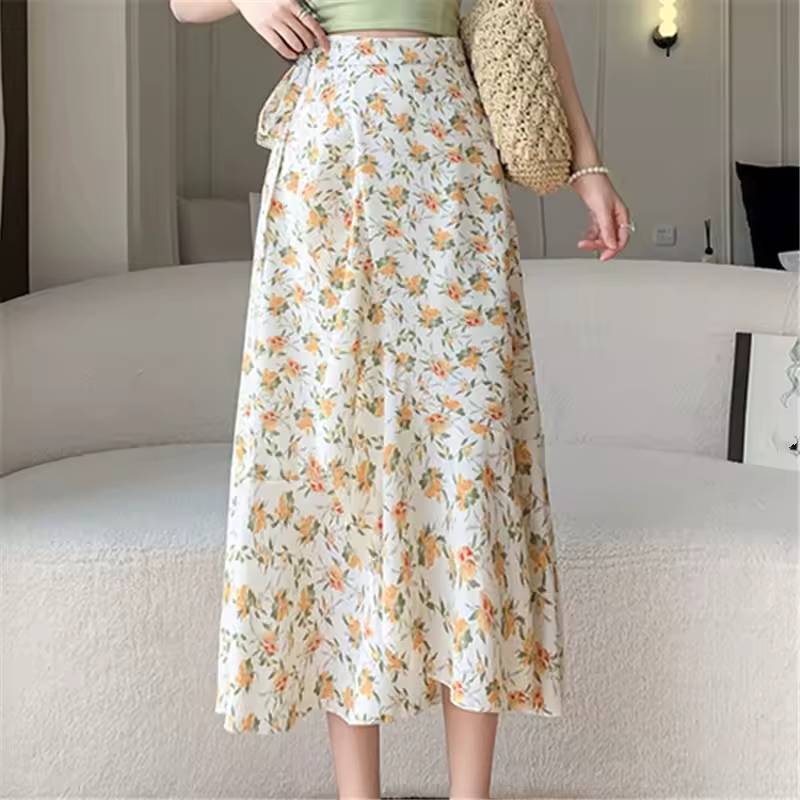 Casual A-Line Floral Print High Waist Beach Office Lady Style Midi Skirt