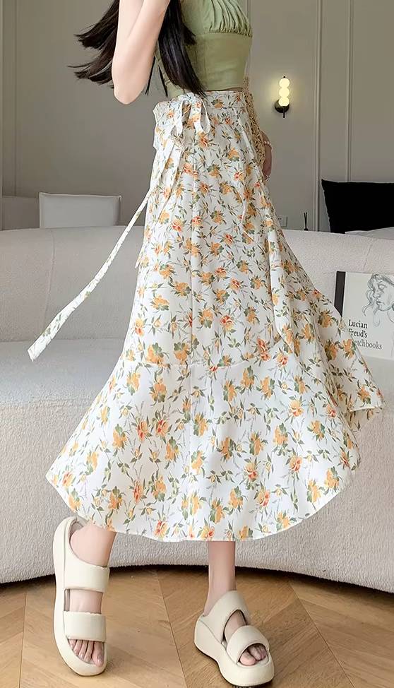 Casual A-Line Floral Print High Waist Beach Office Lady Style Midi Skirt - Image 2