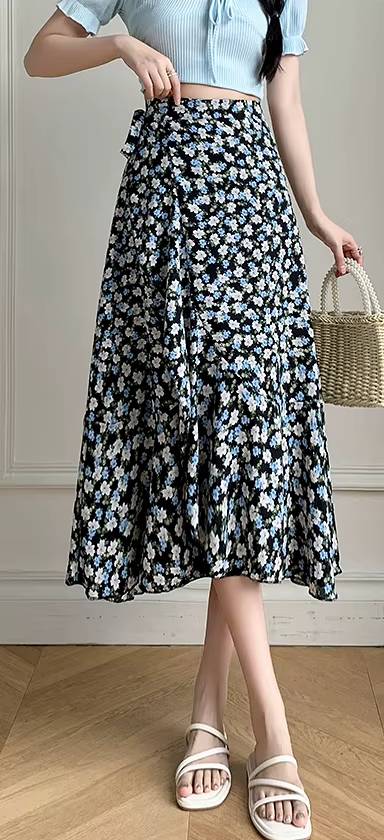 Casual A-Line Floral Print High Waist Beach Office Lady Style Midi Skirt - Image 2