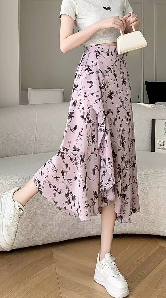 Casual A-Line Floral Print High Waist Beach Office Lady Style Midi Skirt - Image 4