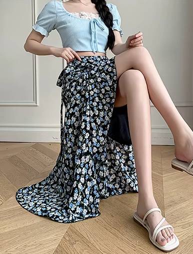 Casual A-Line Floral Print High Waist Beach Office Lady Style Midi Skirt - Image 4