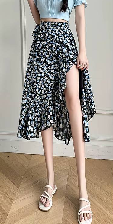 Casual A-Line Floral Print High Waist Beach Office Lady Style Midi Skirt - Image 5