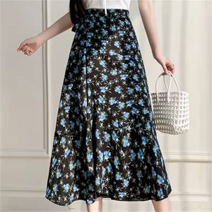 Casual A-Line Floral Print High Waist Beach Office Lady Style Midi Skirt