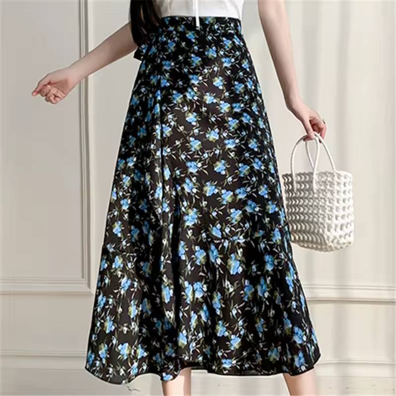Casual A-Line Floral Print High Waist Beach Office Lady Style Midi Skirt