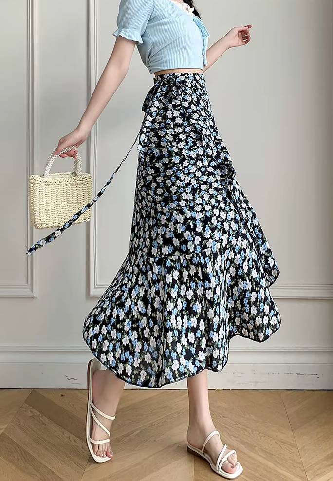 Casual A-Line Floral Print High Waist Beach Office Lady Style Midi Skirt - Image 6