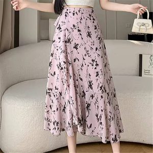 Casual A-Line Floral Print High Waist Beach Office Lady Style Midi Skirt