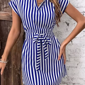 Casual A-Line Sleeveless Turn-down Collar Striped Printed Mini Dress