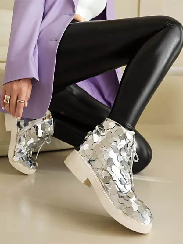 Casual Ankle Sequined Polyurethane Round Toe Lace Up Flat Boots - Image 3