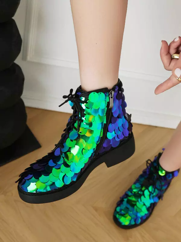 Casual Ankle Sequined Polyurethane Round Toe Lace Up Flat Boots - Image 4
