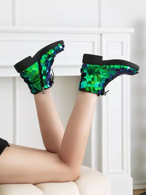 Casual Ankle Sequined Polyurethane Round Toe Lace Up Flat Boots - Image 6