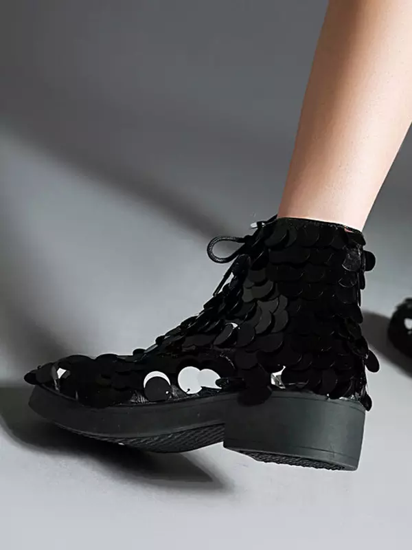 Casual Ankle Sequined Polyurethane Round Toe Lace Up Flat Boots - Image 7