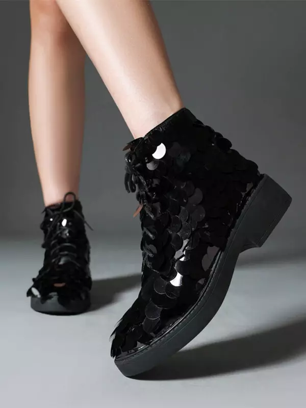 Casual Ankle Sequined Polyurethane Round Toe Lace Up Flat Boots - Image 8