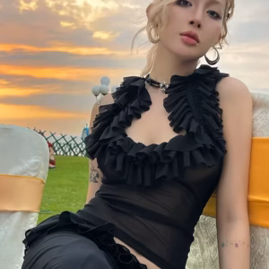 Casual Asymmetrical O-Neck Sleeveless Tierred Low-Neck Tank Tops