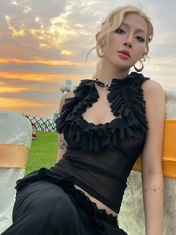 Casual Asymmetrical O-Neck Sleeveless Tierred Low-Neck Tank Tops