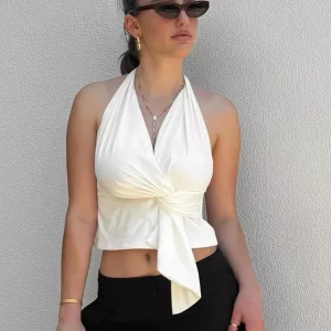 Casual Backless Pleated Halter Neck Crossover Street Wear Crop Top
