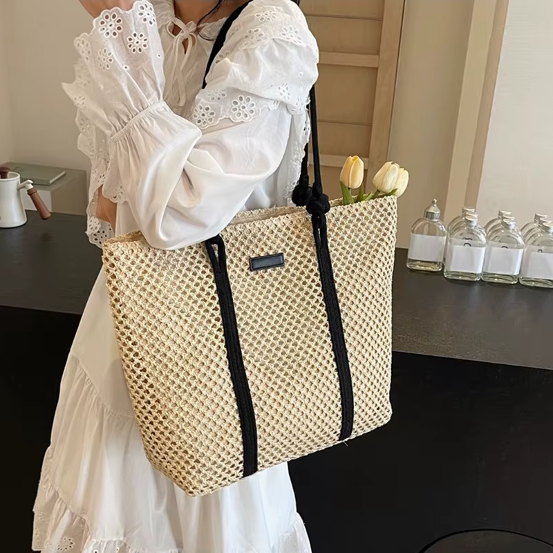Casual Beach Vacation Shoulder Large Capacity Solid Color Woven Straw Tote Bag