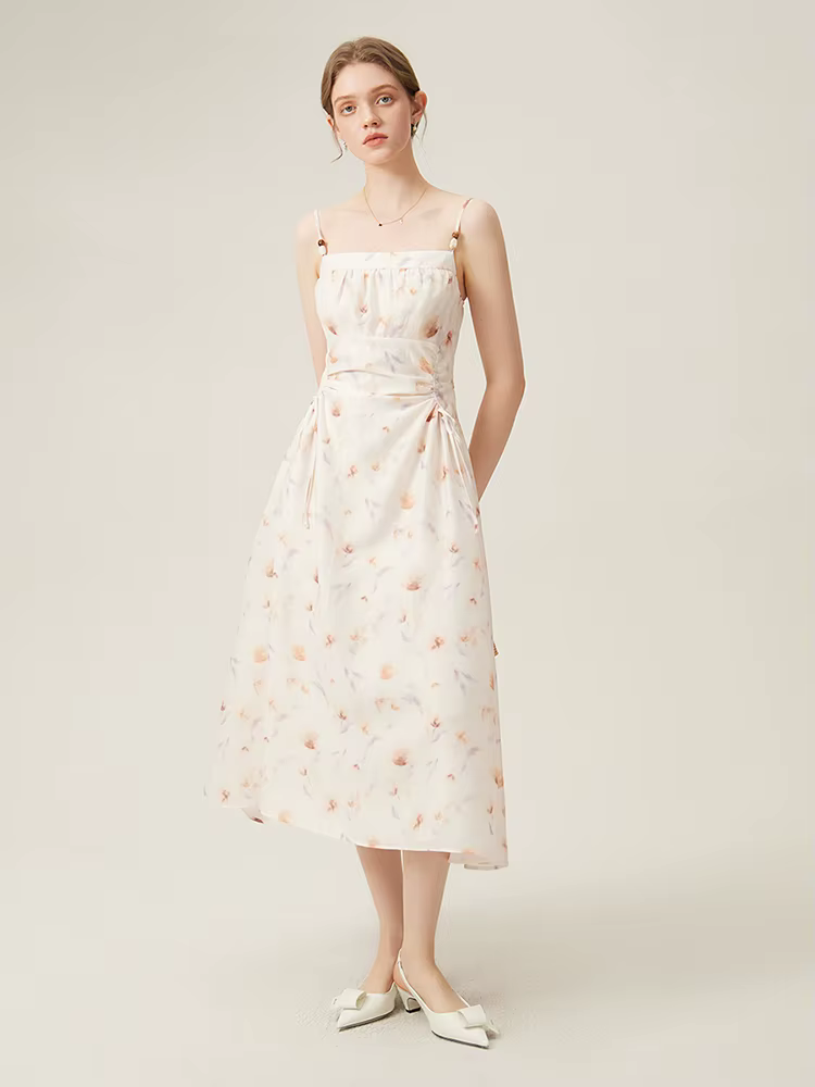 Casual Beautiful Chic Style Pleated Floral Suspender Slimming Midi Dress
