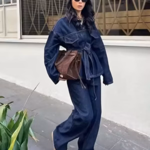 Casual Belt Lapel Single-Breasted Pocket Jacket Coat Zipper Slim Wide Leg Pant Two Piece Set