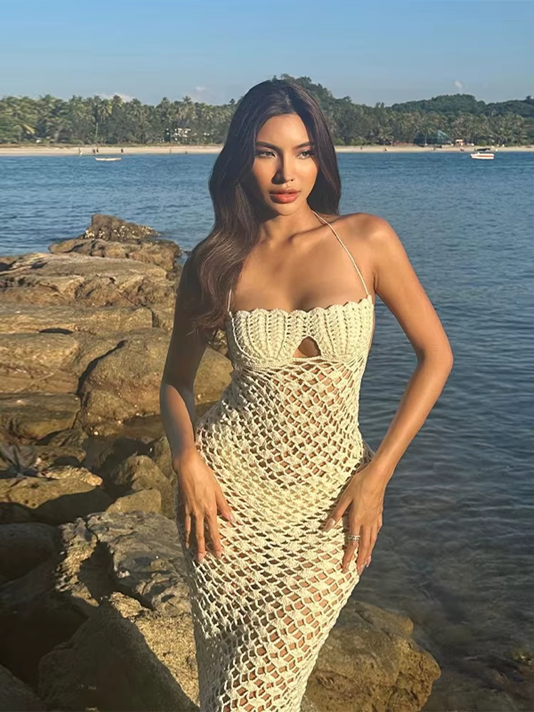 Casual Bikini Halter Hollow Out Slim Fit Robe Strap Wrap Hip Long Knitted Dress - Image 7