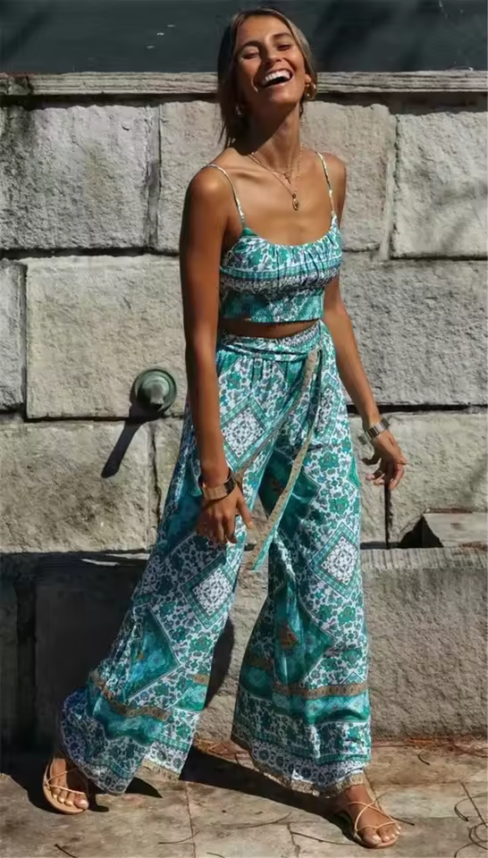 Casual Bohemian Floral Print Sleeveless Tops And Wide Leg Pants 2 Pieces Set - Image 2