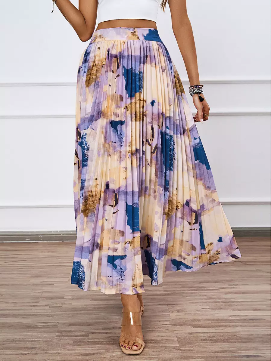 Casual Bohemian Pleated Artistic Floral Print Pleated Beach Style Maxi Skirt - Image 3