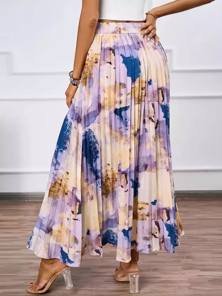 Casual Bohemian Pleated Artistic Floral Print Pleated Beach Style Maxi Skirt - Image 5