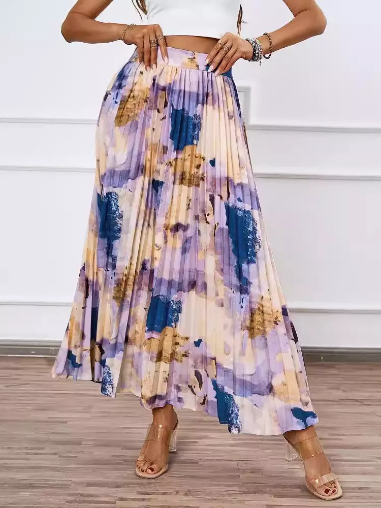 Casual Bohemian Pleated Artistic Floral Print Pleated Beach Style Maxi Skirt - Image 4