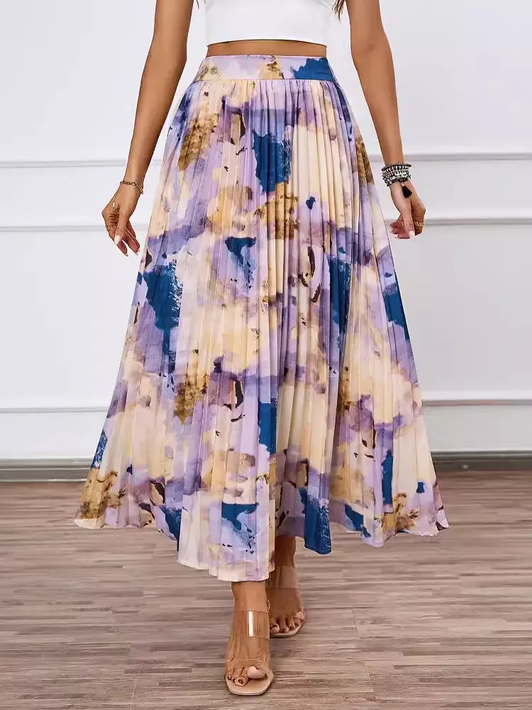 Casual Bohemian Pleated Artistic Floral Print Pleated Beach Style Maxi Skirt - Image 2