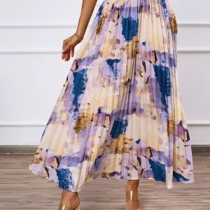 Casual Bohemian Pleated Artistic Floral Print Pleated Beach Style Maxi Skirt