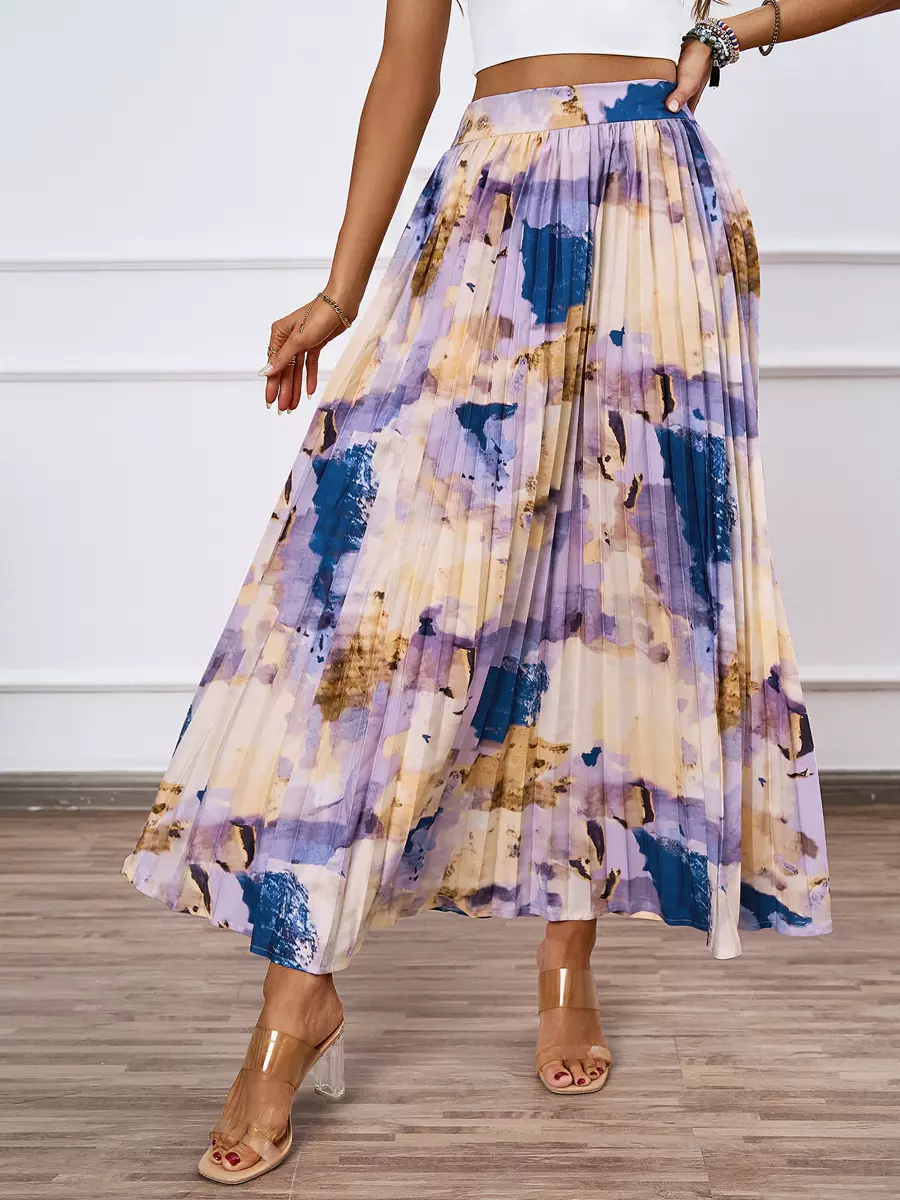 Casual Bohemian Pleated Artistic Floral Print Pleated Beach Style Maxi Skirt