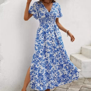 Casual Bohemian Print V-neck Short Sleeve Beach Maxi Dress