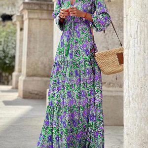 Casual Bohemian Printed Long Sleeves V-Neck Maxi Dress
