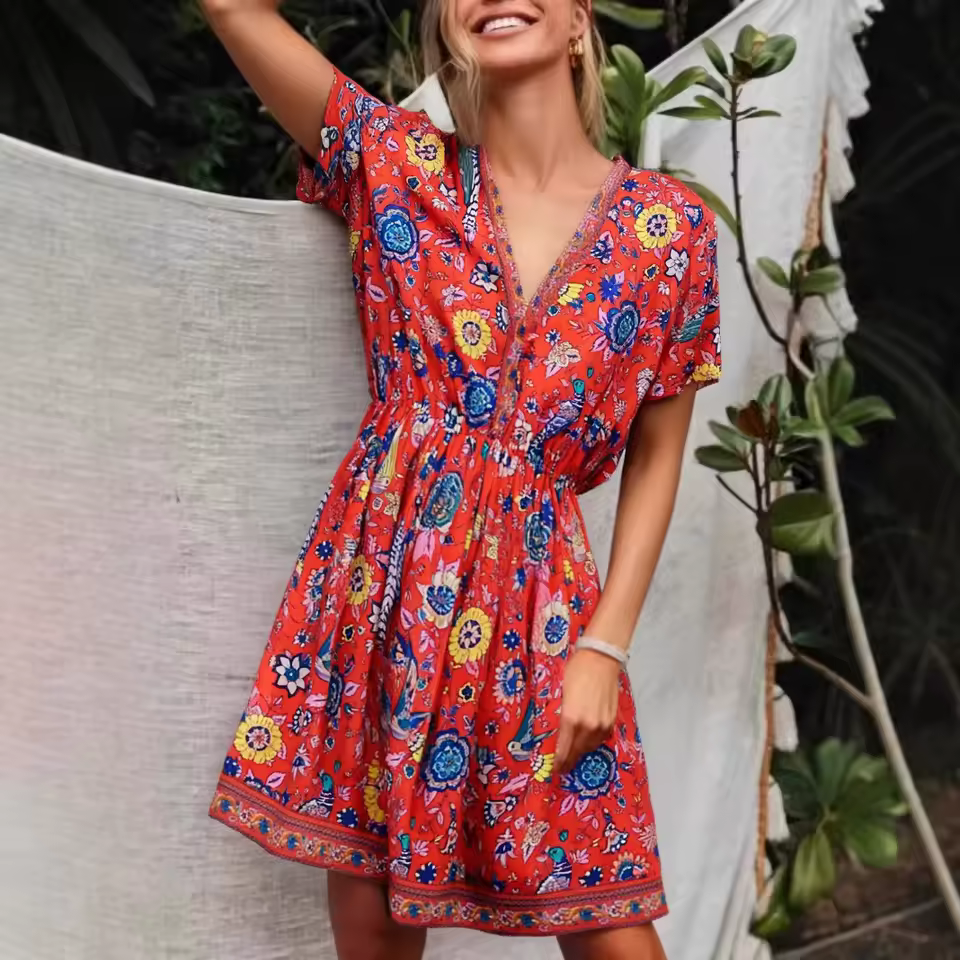 Casual Bohemian Short Sleeve Floral Peacock Print V-neck Mini Dress