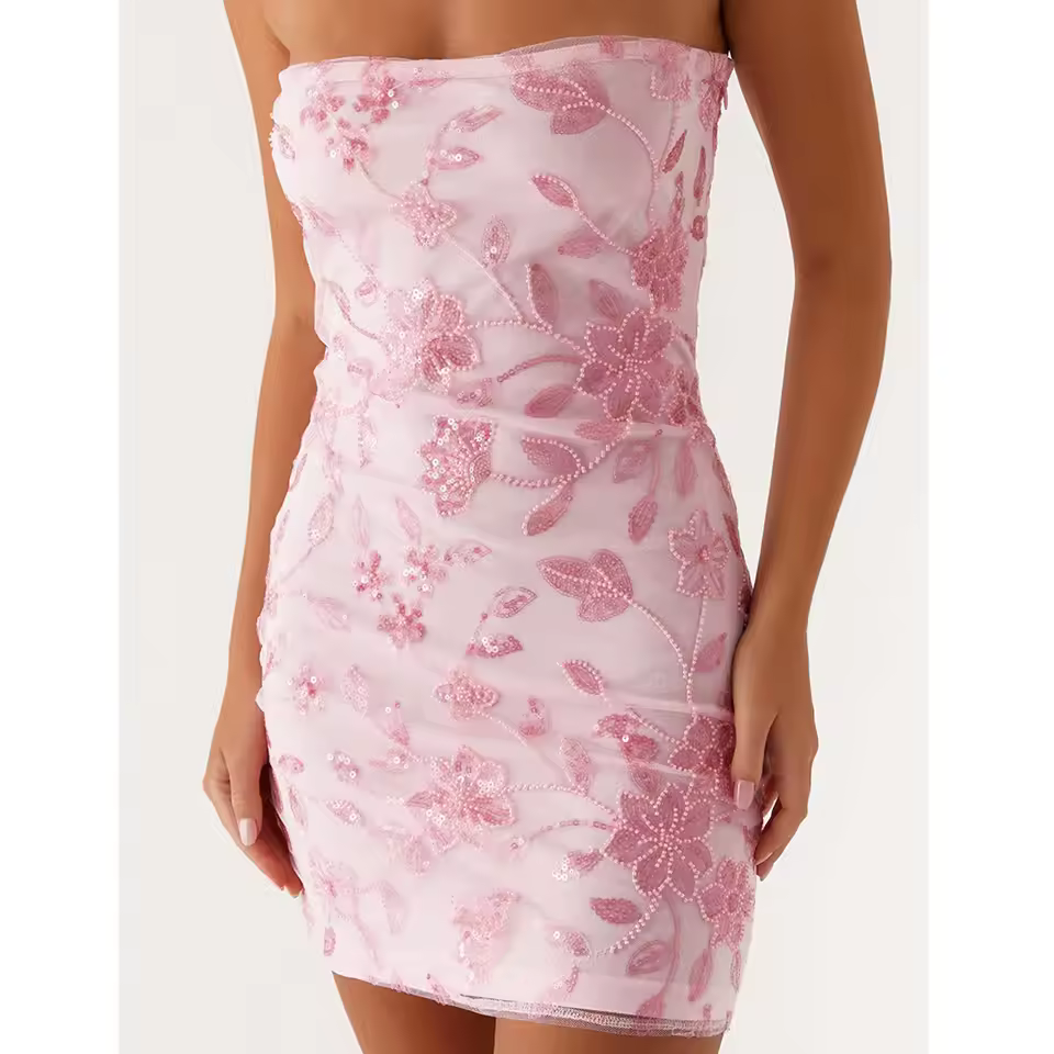 Casual Boho Shiny Sequins Strapless Slim Fits Floral Bodycon Mini Dress - Image 5