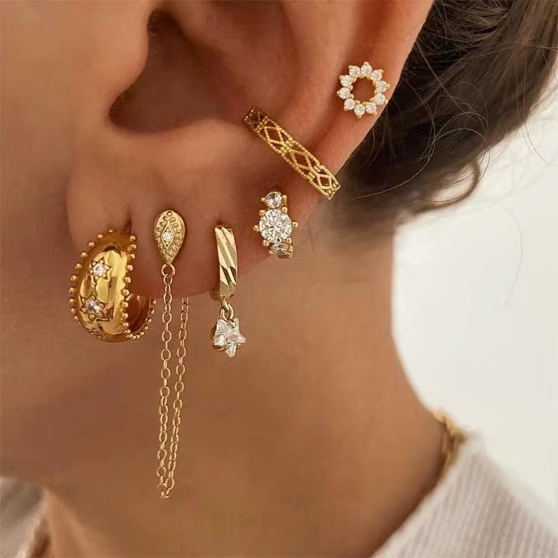 Casual Boho Zircon Clip Stud Hoop Drop Metal 6 Pcs Earrings Sets