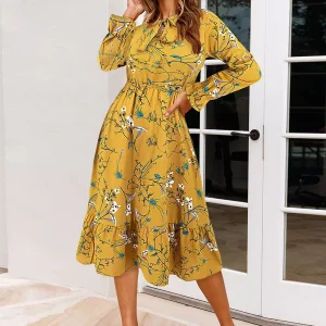 Casual Bows Floral Print Tie-Neck With Long Sleeve Midi Dress