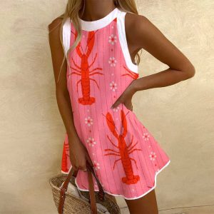 Casual Cartoon Lobster Print Beach Style Sleeveless Mini Dress