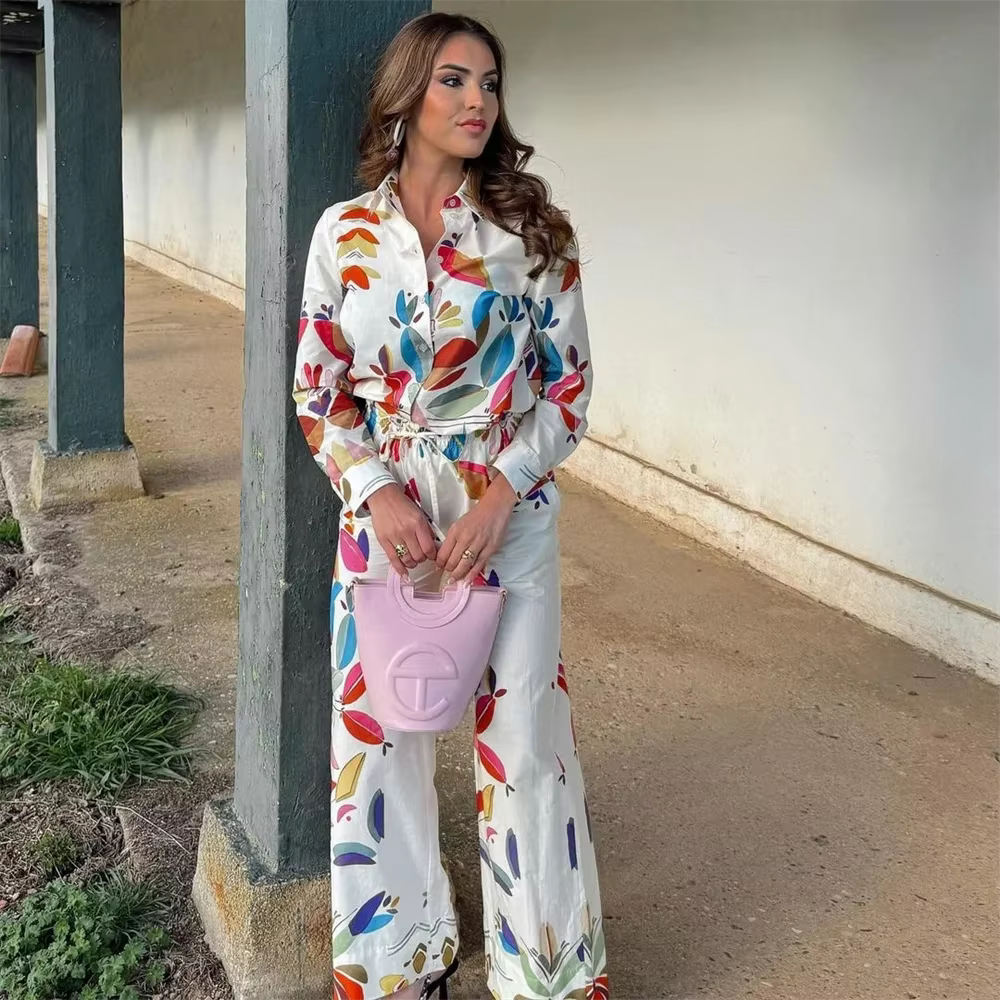 Casual Collar Long Sleeve Printed Poplin Shirt Wide Leg Pants Set - Image 2