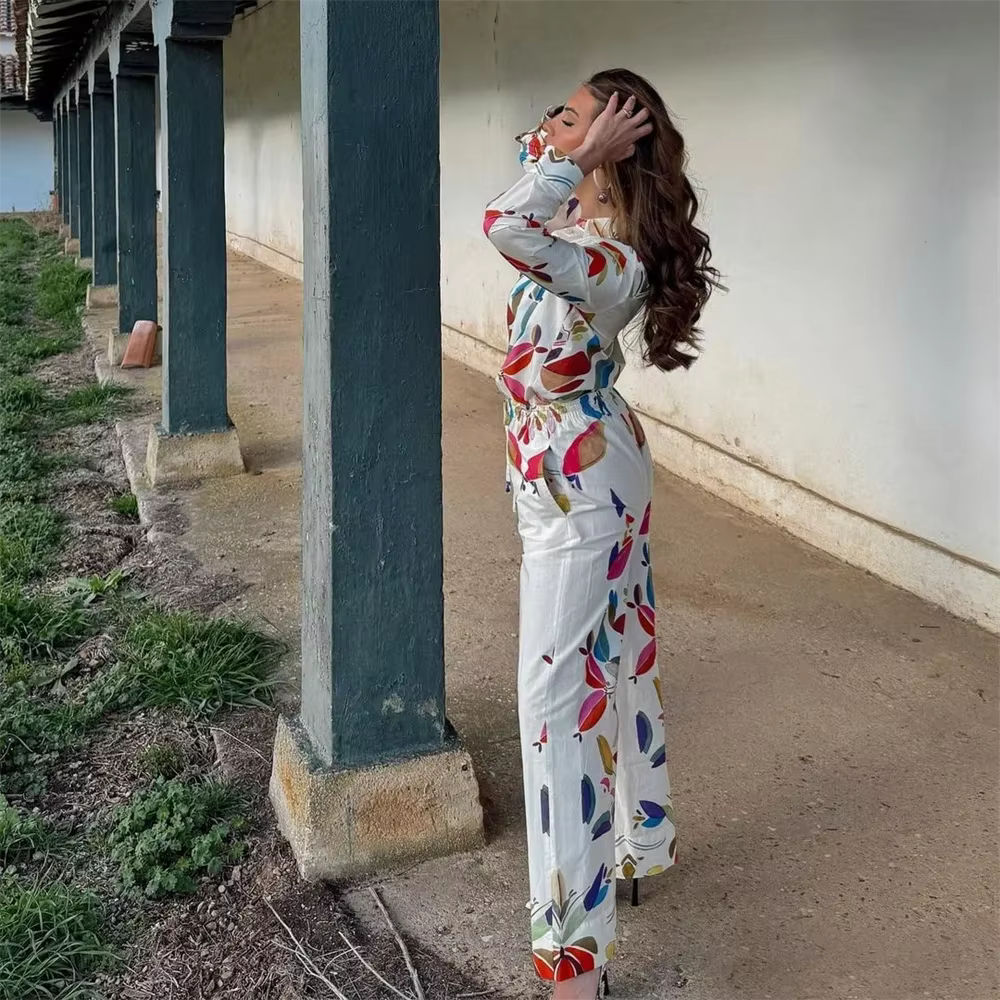 Casual Collar Long Sleeve Printed Poplin Shirt Wide Leg Pants Set - Image 3