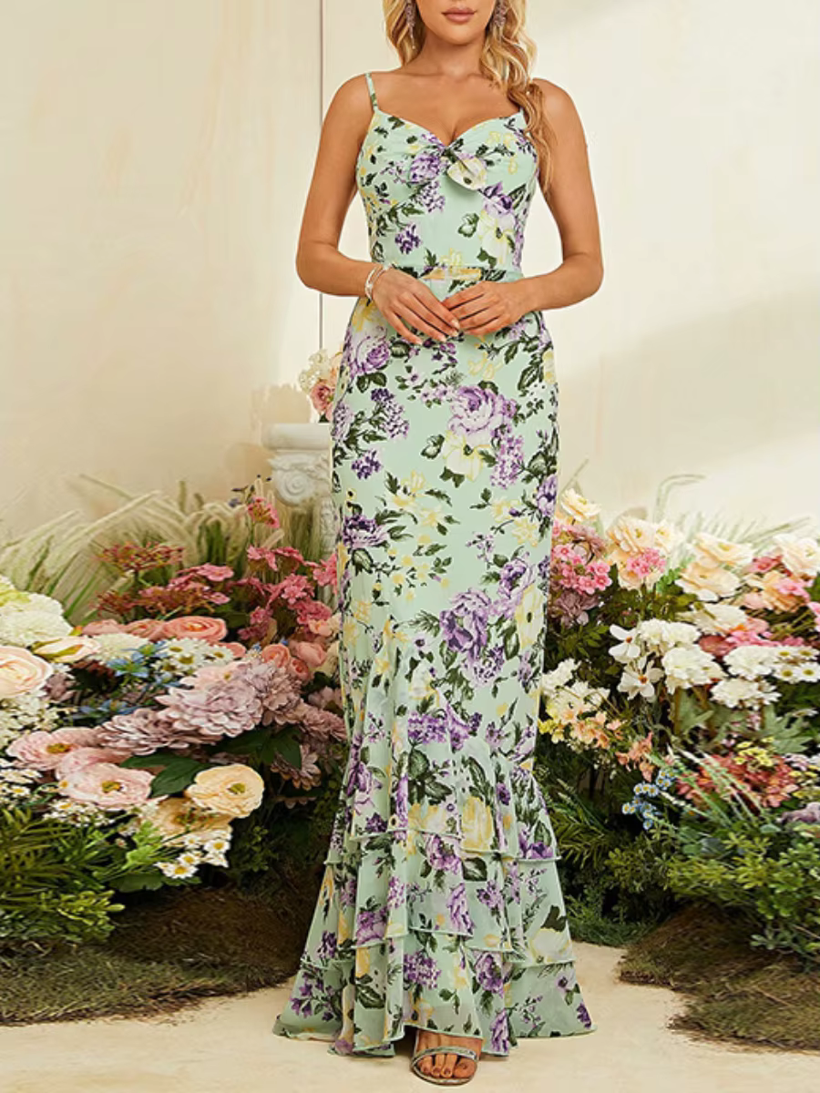 Casual Color Block Square Collar Sleeveless High Waist Bodycon Patchwork Ruffles Maxi Dress