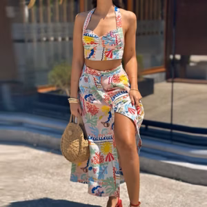 Casual Colorful Printed Patchwork Quilted Suspenders Bikini High Waist Skirt