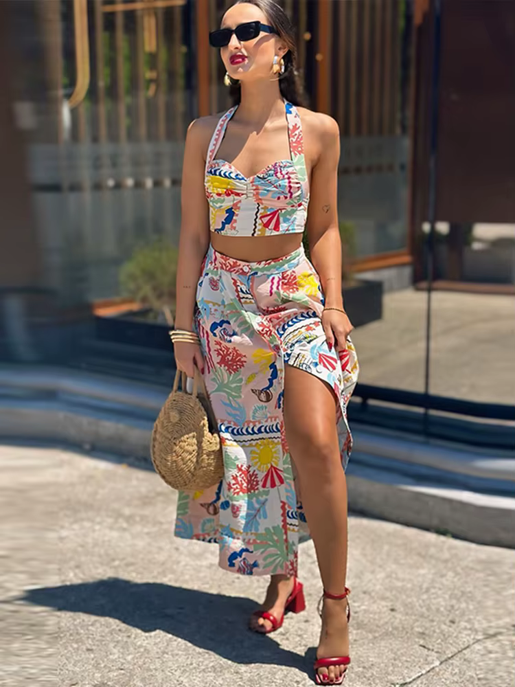 Casual Colorful Printed Patchwork Quilted Suspenders Bikini High Waist Skirt