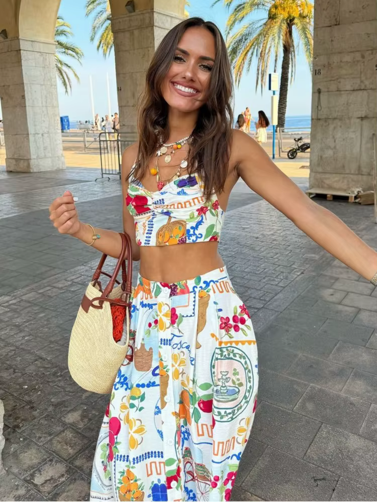 Casual Colorful Printed Patchwork Quilted Suspenders Bikini High Waist Skirt - Image 3