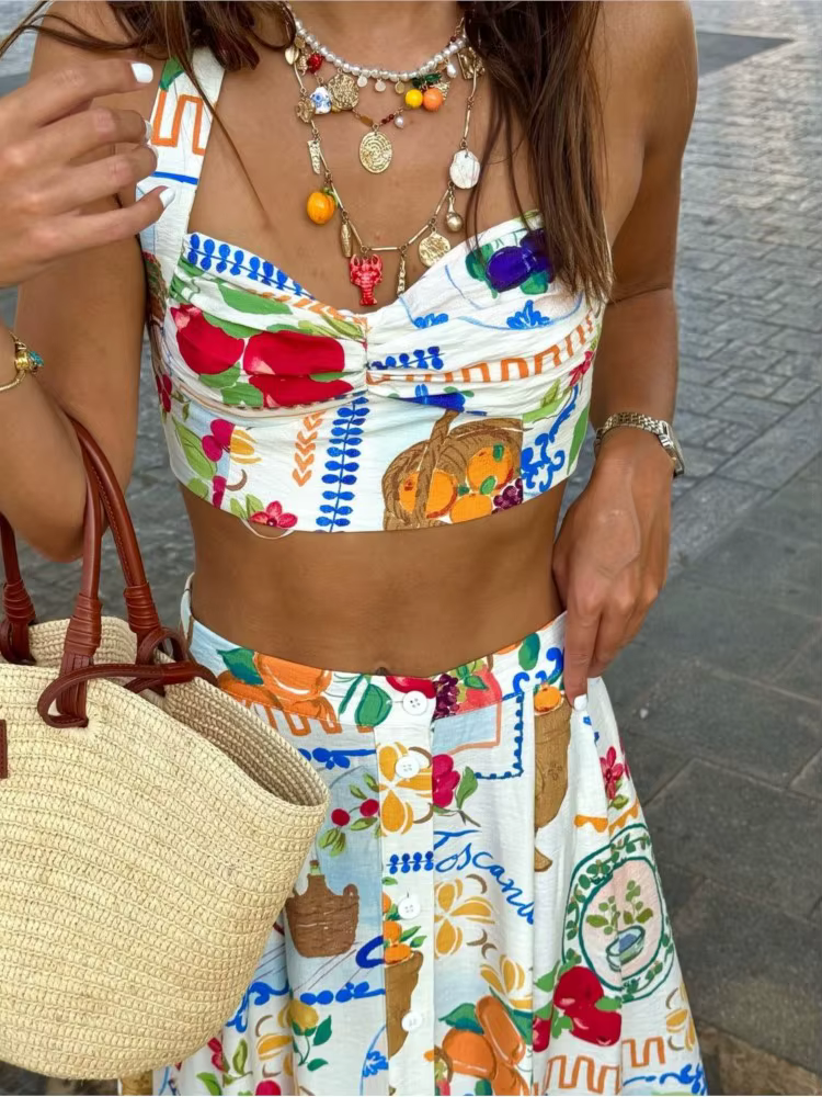 Casual Colorful Printed Patchwork Quilted Suspenders Bikini High Waist Skirt - Image 4