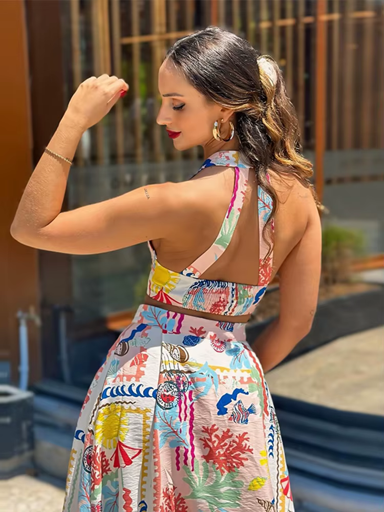 Casual Colorful Printed Patchwork Quilted Suspenders Bikini High Waist Skirt - Image 8