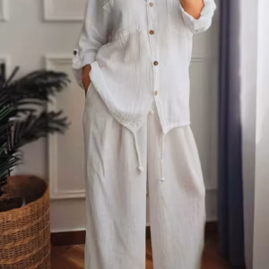 Casual Cotton And Hemp Commuting Style Loose Collar Top Wide Leg Pants Two Piece Set